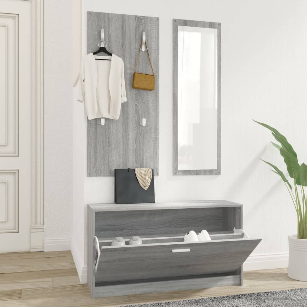 Vetonek Set de mueble zapatero 3 en 1 madera contrachapada gris Sonoma