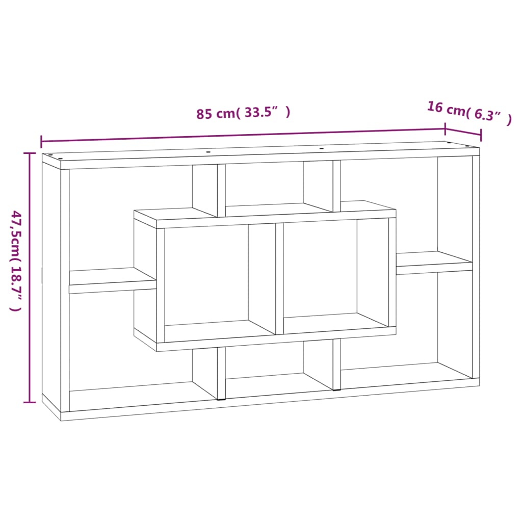 Wall shelf with 8 brown oak compartments