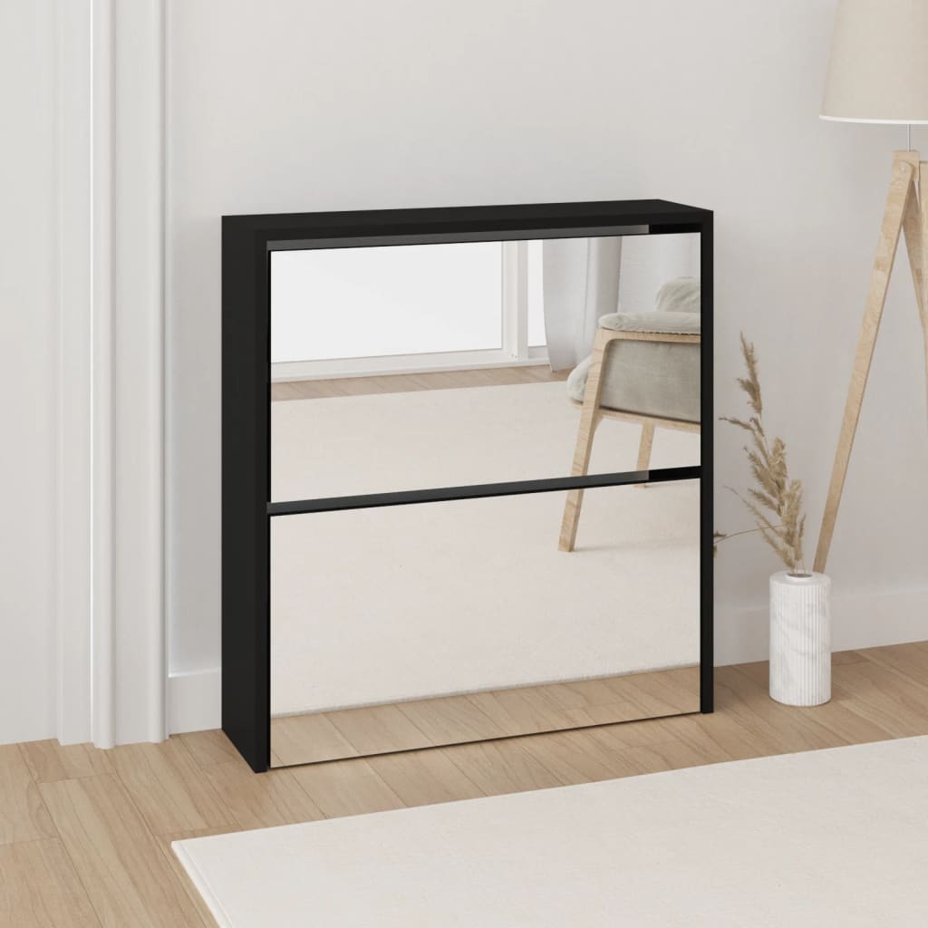 Vetonek Mueble zapatero con espejo 2 niveles negro 63x17x67 cm