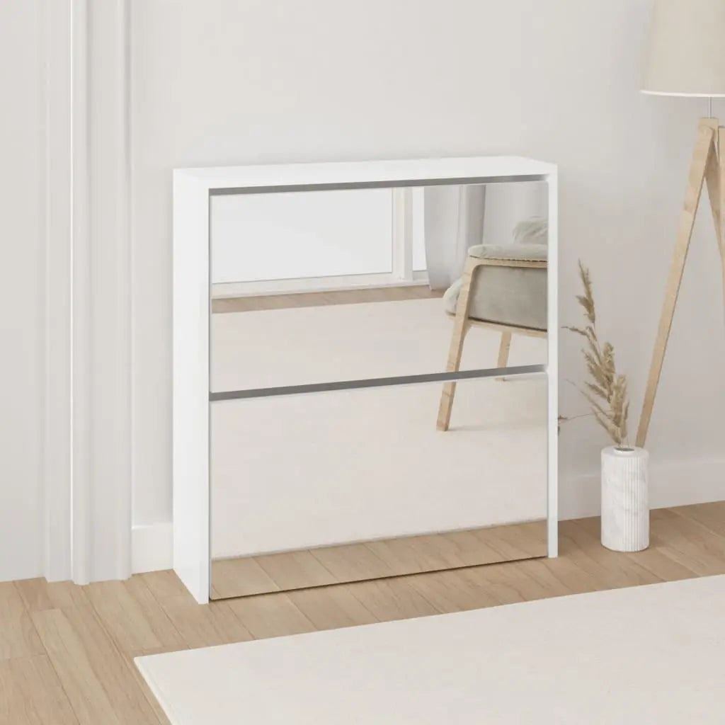 Vetonek Mueble zapatero con espejo 2 niveles blanco brillo 63x17x67 cm