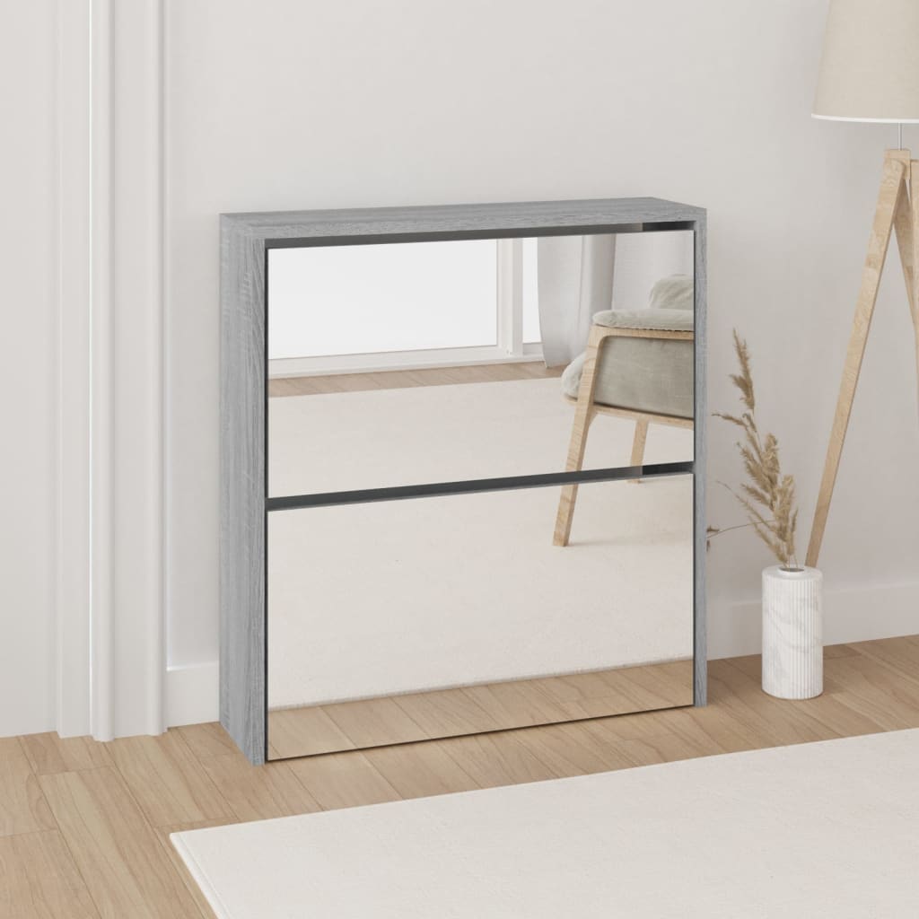 Vetonek Mueble zapatero con espejo 2 niveles gris Sonoma 63x17x67 cm