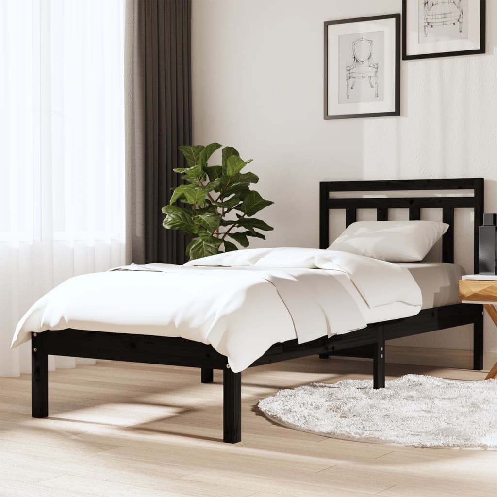 Vetonek Estructura cama madera maciza individual negro 75x190 cm