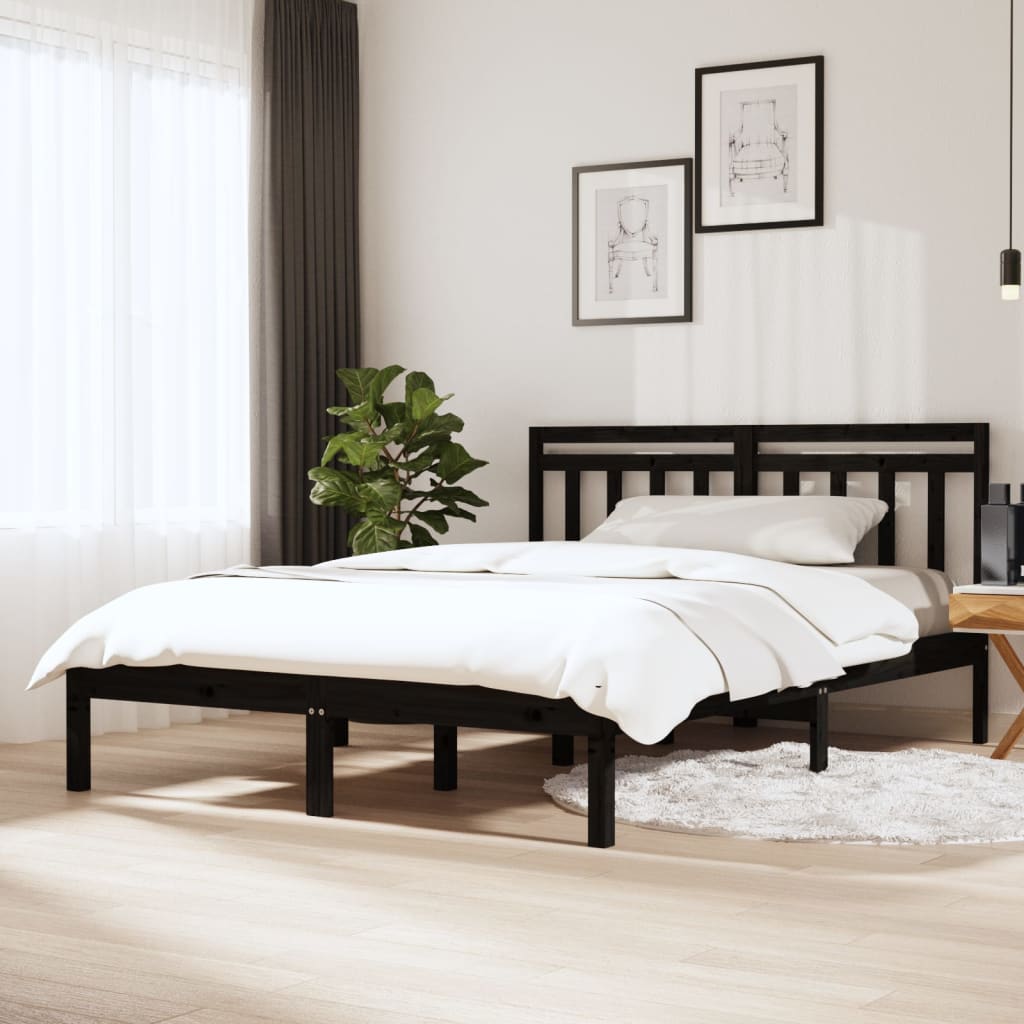 Vetonek Estructura cama doble pequeña madera maciza negro 120x190 cm