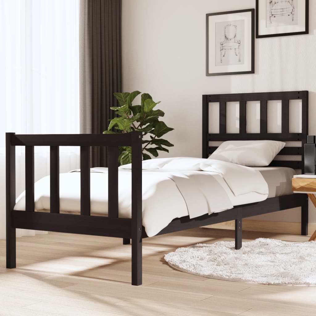 Vetonek Estructura cama madera maciza individual negro 75x190 cm