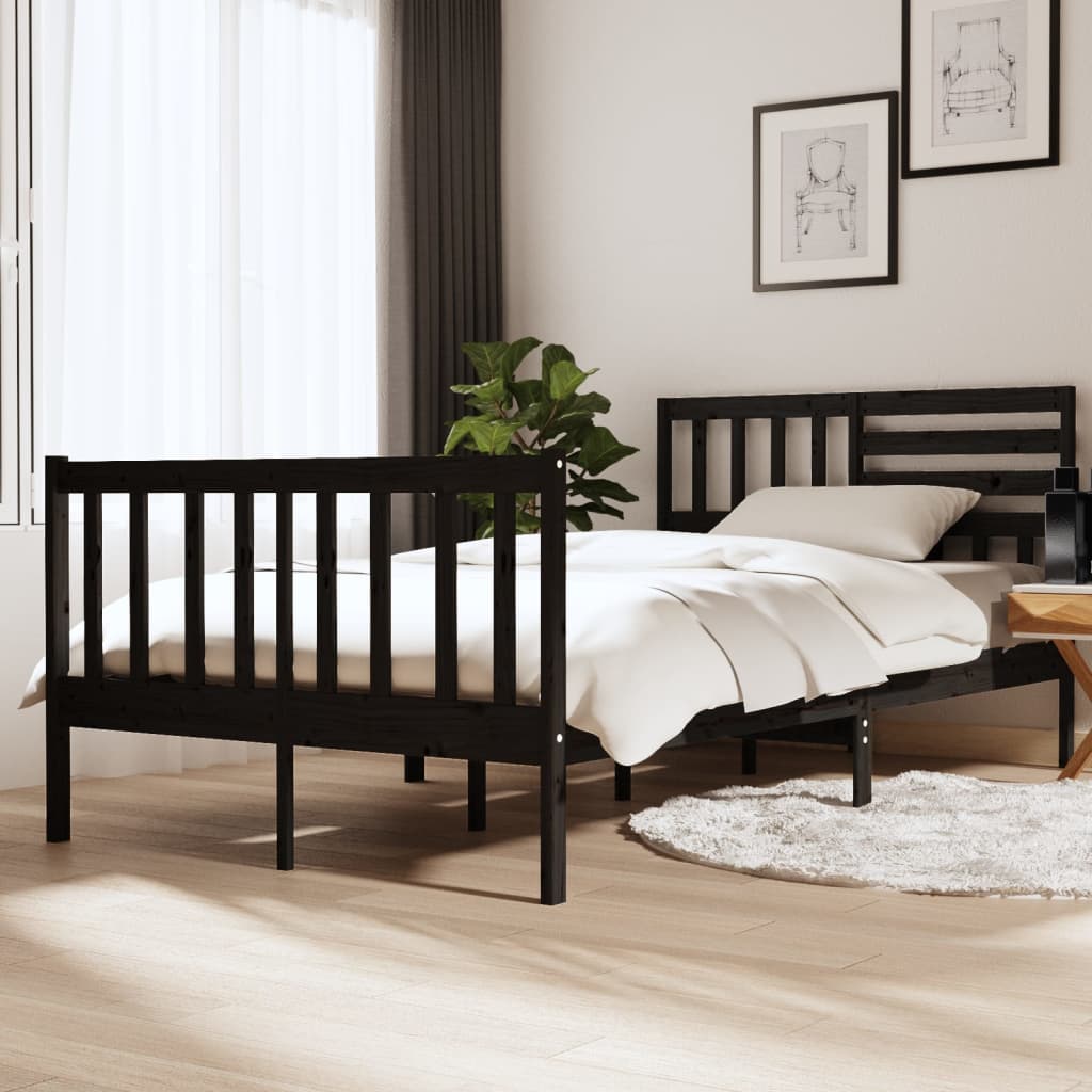 Vetonek Estructura cama doble pequeña madera maciza negro 120x190 cm