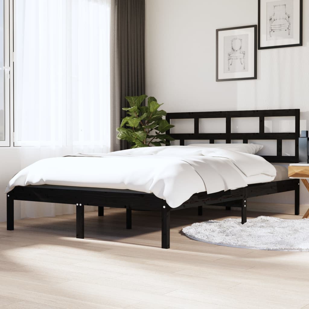 Vetonek Estructura cama doble pequeña madera maciza negro 120x190 cm