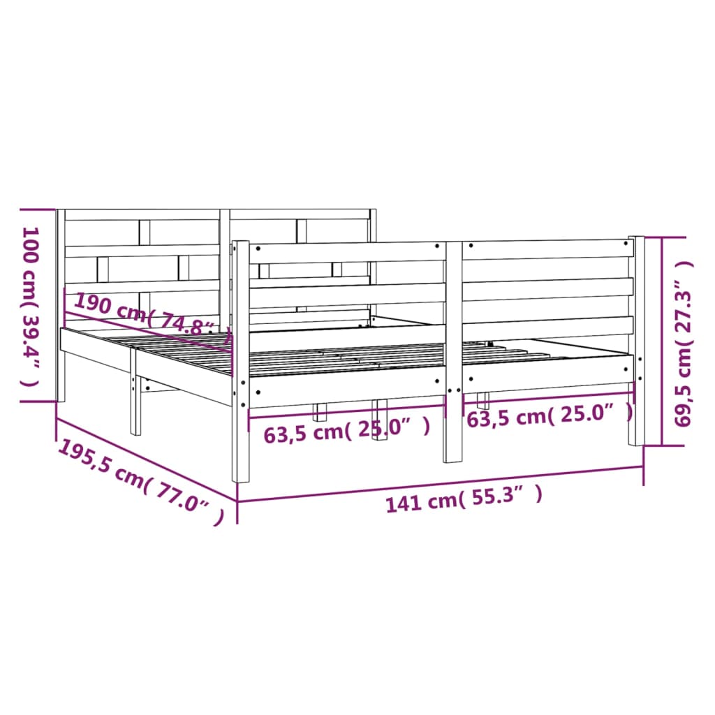 Estructura de cama doble madera maciza gris 135x190 cm vidaXL