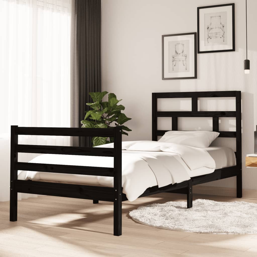 Vetonek Estructura de cama madera maciza de pino negra 90x200 cm