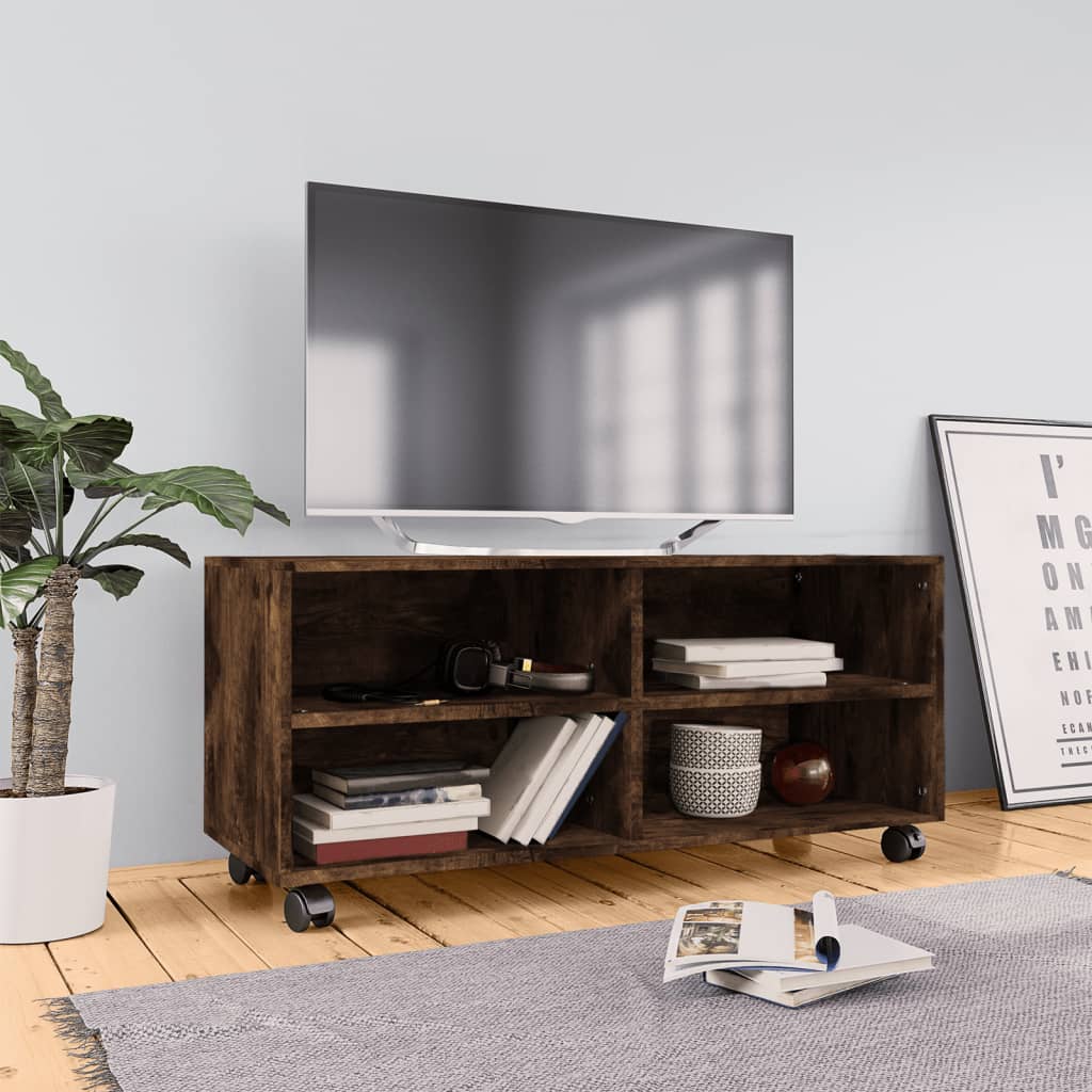 Vetonek Mueble TV con ruedas madera contrachapada roble humo 90x35x35cm