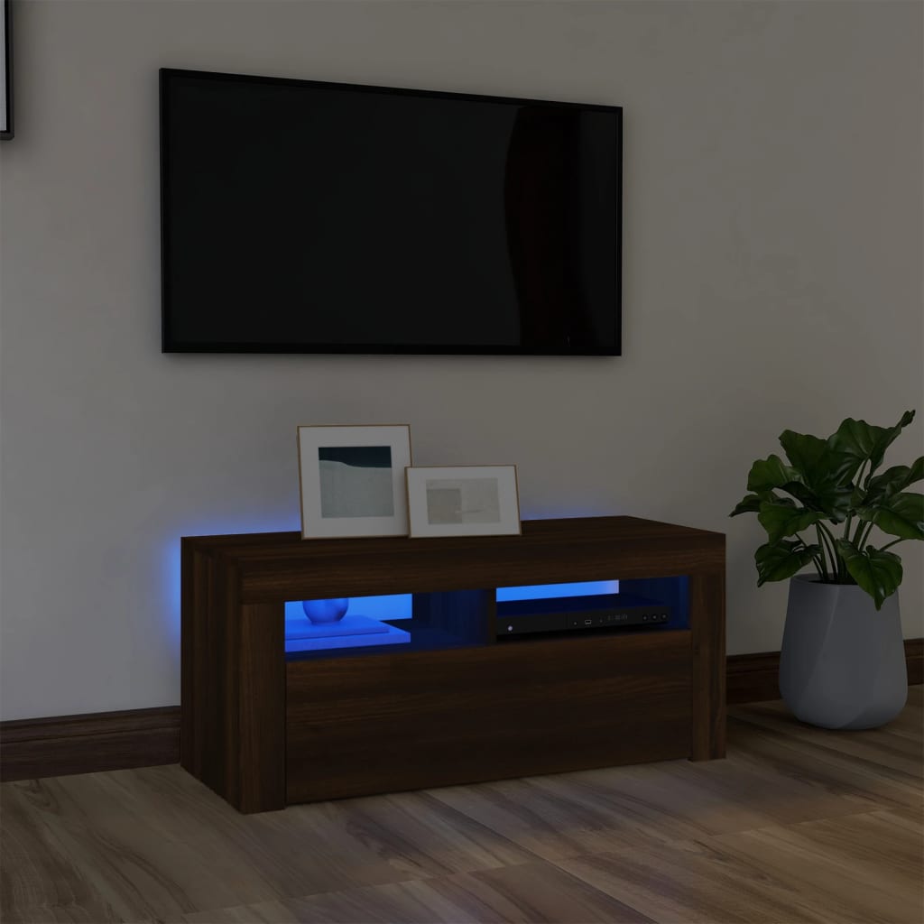 Vetonek Mueble de TV con luces LED roble marrón 90x35x40 cm