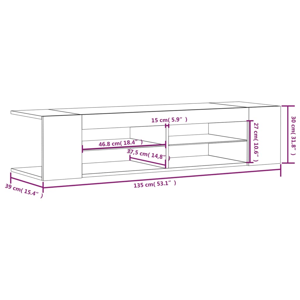 Mueble de TV con luces LED roble ahumado 135x39x30 cm