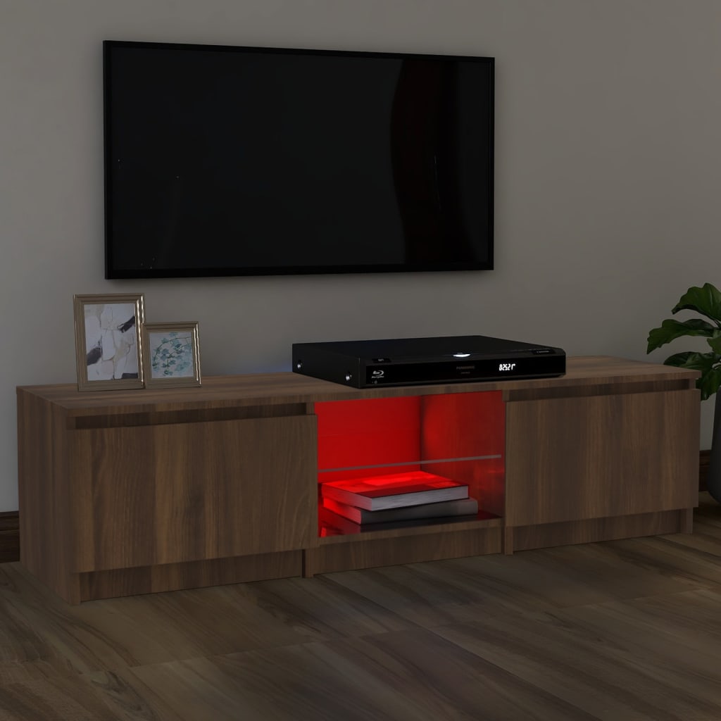 Cabinet télévisé avec lumières LED brunes 140x40x35,5 cm