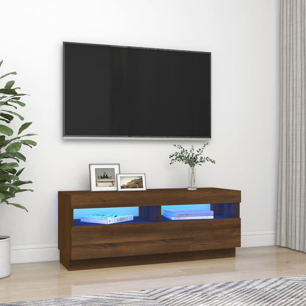 Vetonek Mueble de TV con luces LED marrón roble 100x35x40 cm