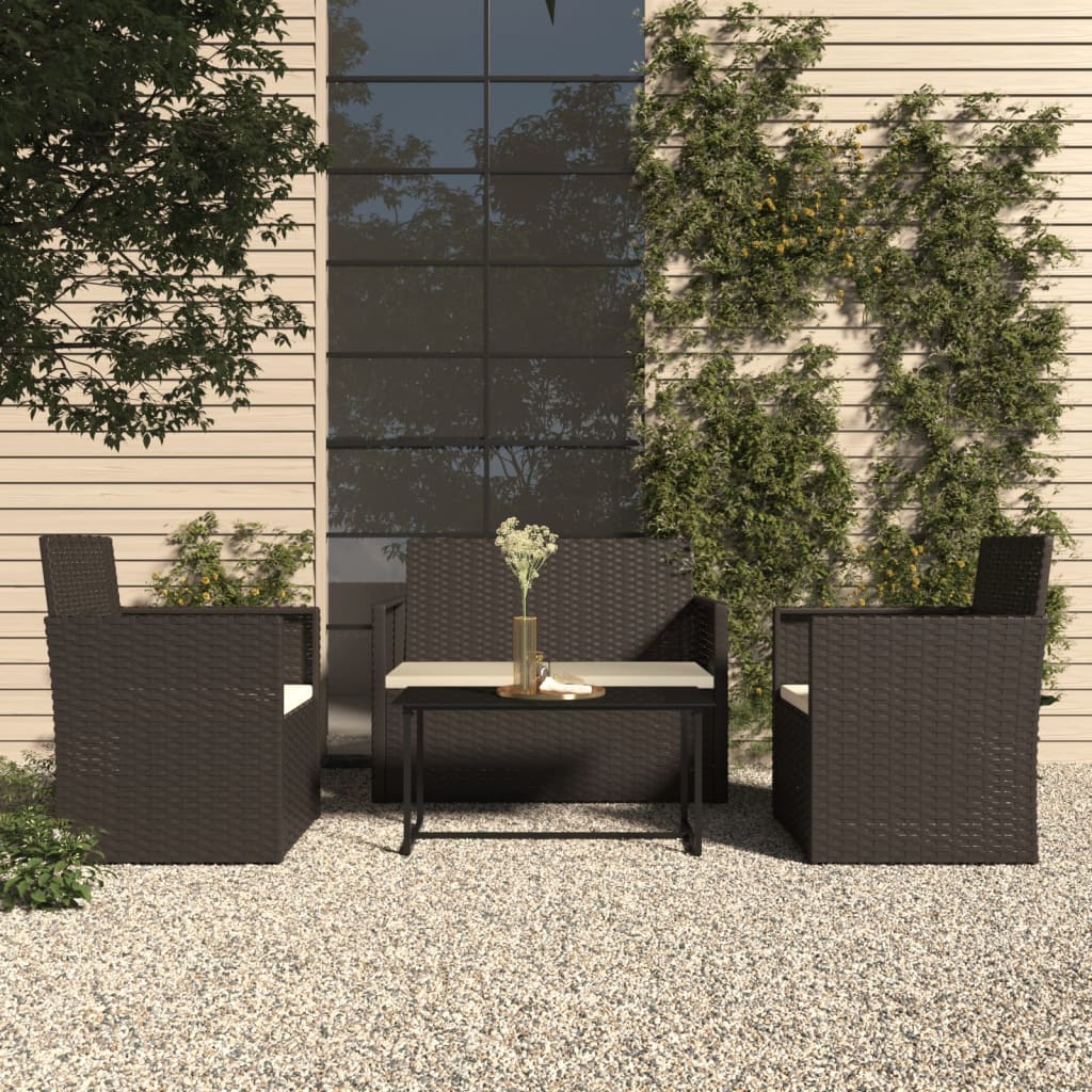 Vetonek Muebles de jardín con cojines 4 piezas ratán sintético negro