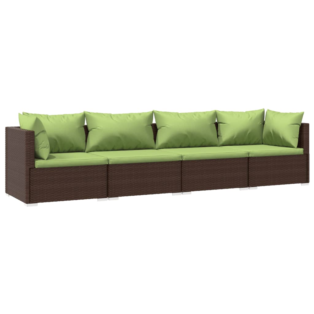 Set muebles de jardín 4 piezas y cojines ratán sintético marrón