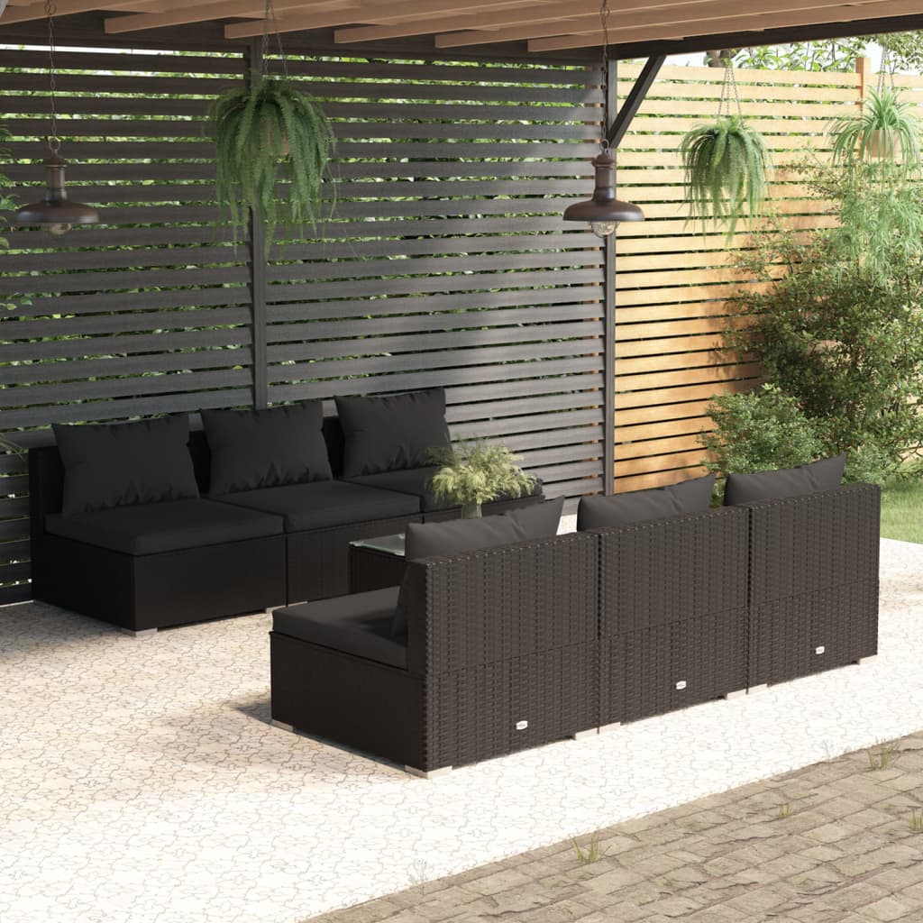 Vetonek Set de muebles de jardín y cojines 7 pzas ratán sintético negro