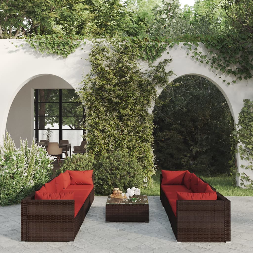 Vetonek Set muebles de jardín 9 piezas y cojines ratán sintético marrón