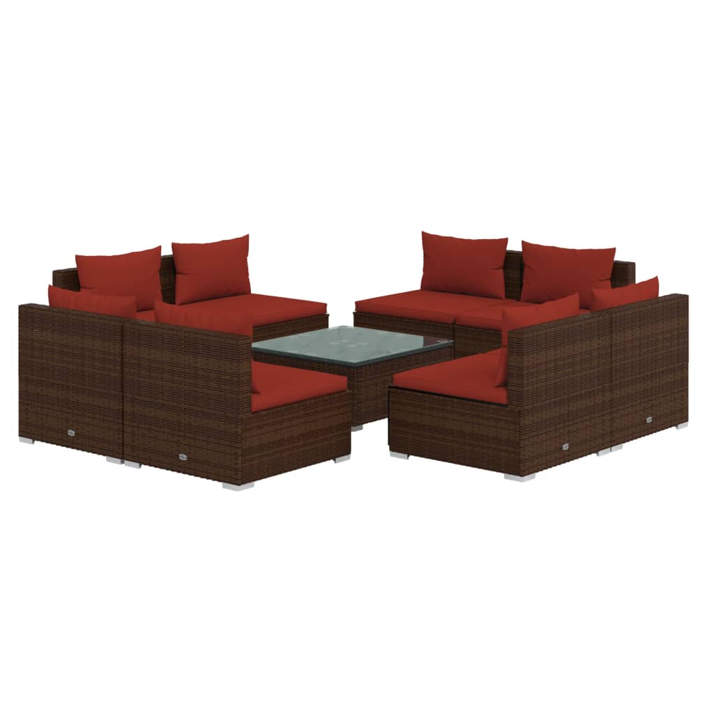 Set muebles de jardín 9 piezas y cojines ratán sintético marrón