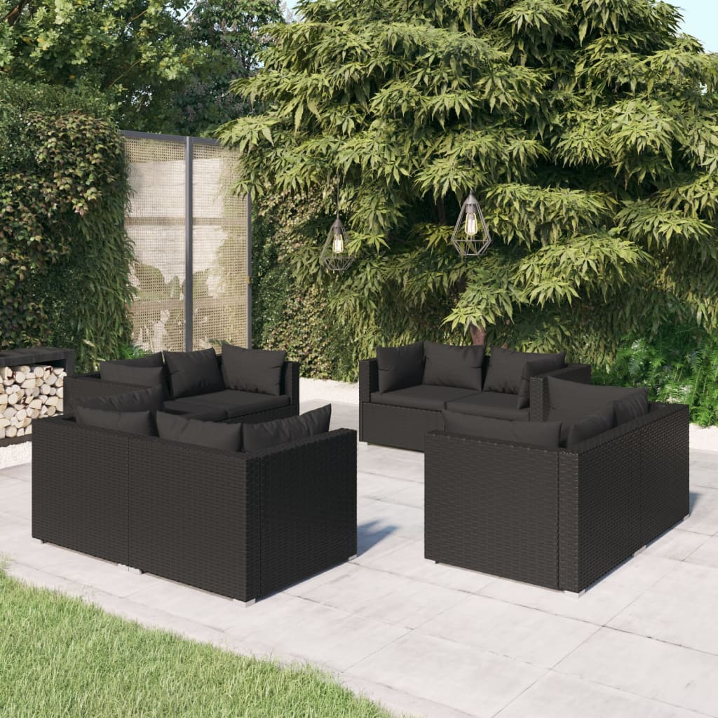 Vetonek Set de muebles de jardín 8 pzas y cojines ratán sintético negro