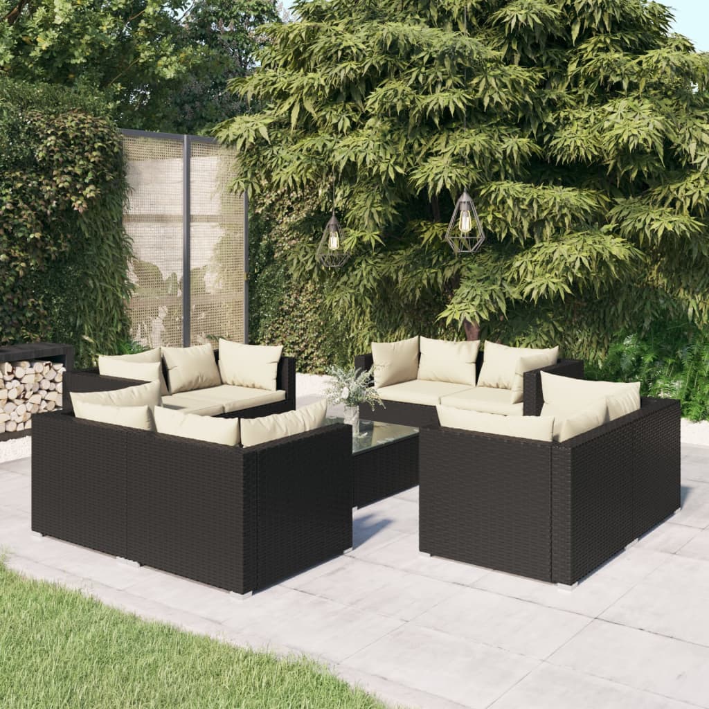 Set de muebles de jardín 9 pzas y cojines ratán sintético negro v2631 Vetonek