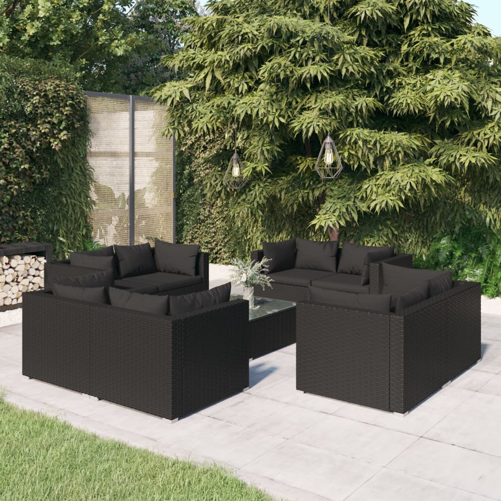 Vetonek Set de muebles de jardín 9 pzas y cojines ratán sintético negro