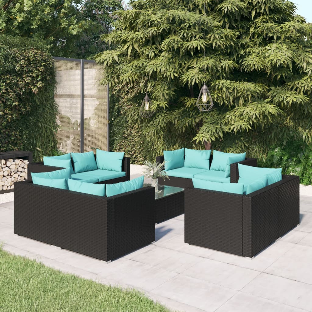 Vetonek Set de muebles de jardín 9 pzas y cojines ratán sintético negro