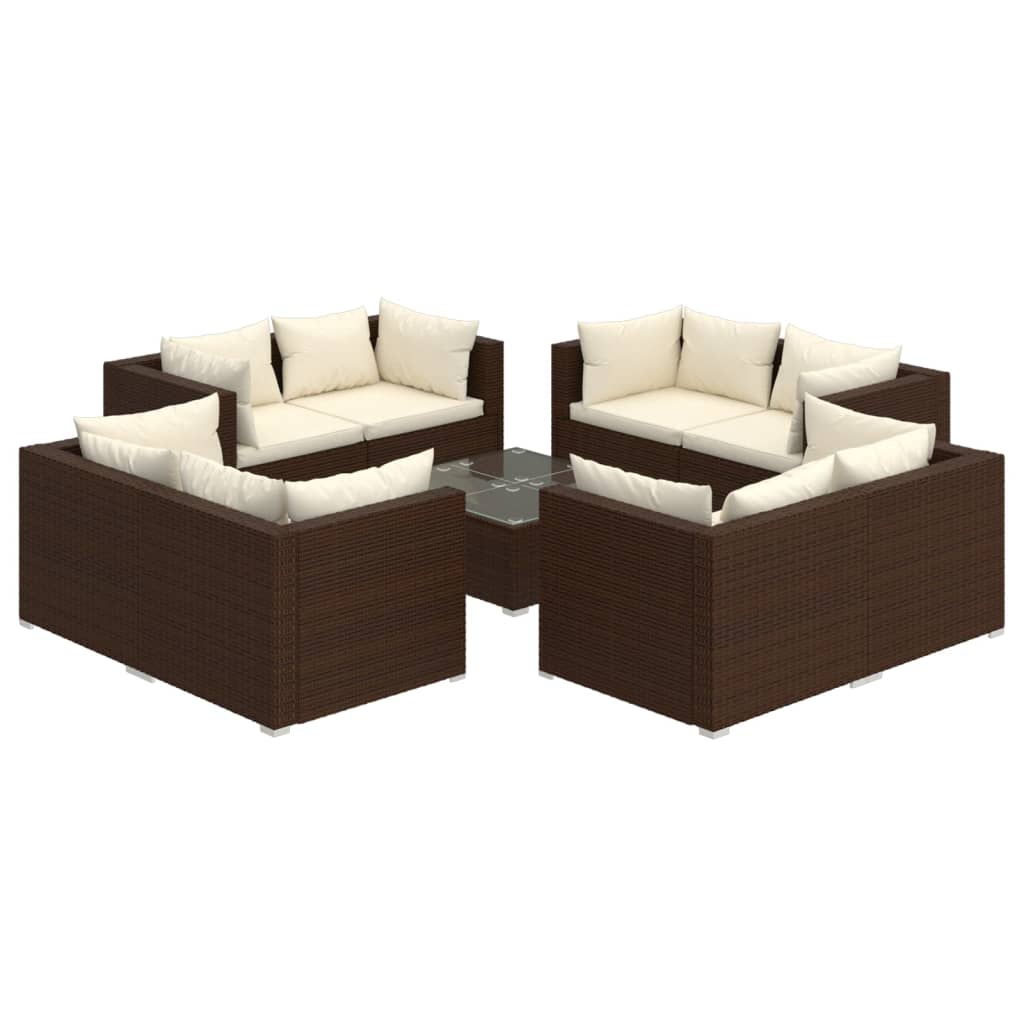 Set muebles de jardín 9 piezas y cojines ratán sintético marrón