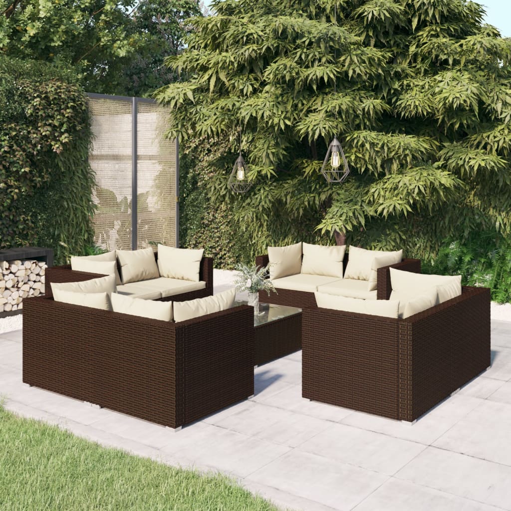 Vetonek Set muebles de jardín 9 piezas y cojines ratán sintético marrón