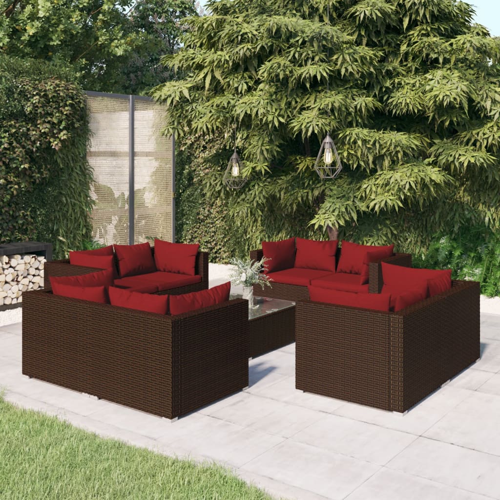 Vetonek Set muebles de jardín 9 piezas y cojines ratán sintético marrón