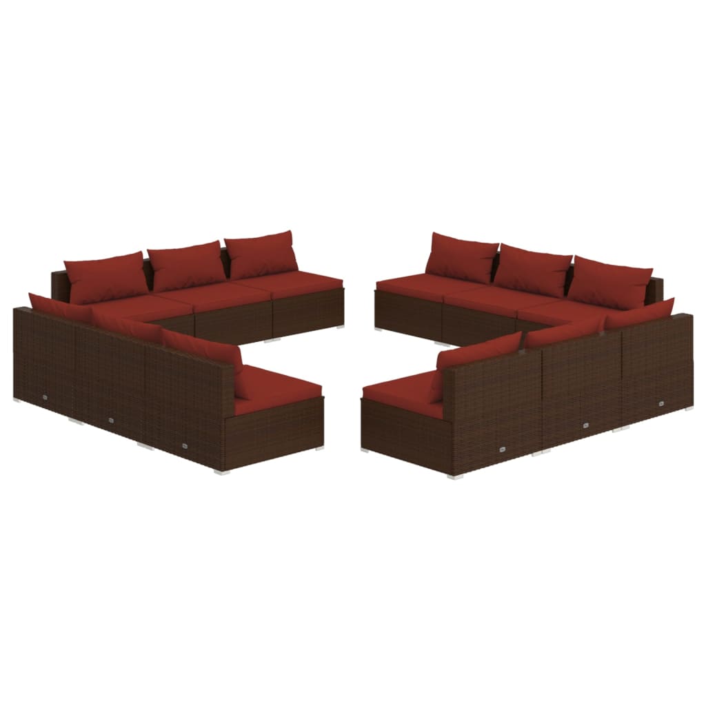 Set muebles de jardín y cojines 12 pzas ratán sintético marrón