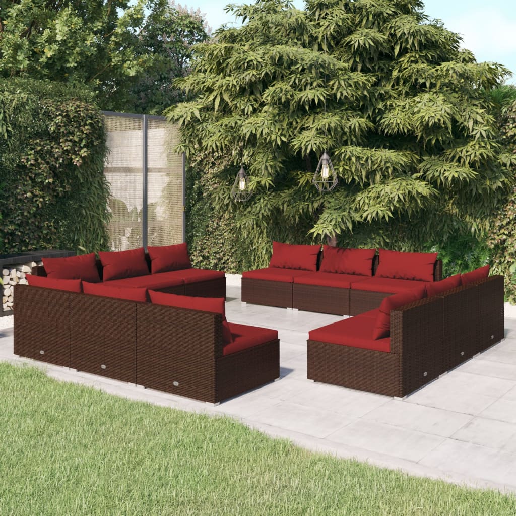 Set muebles de jardín y cojines 12 pzas ratán sintético marrón