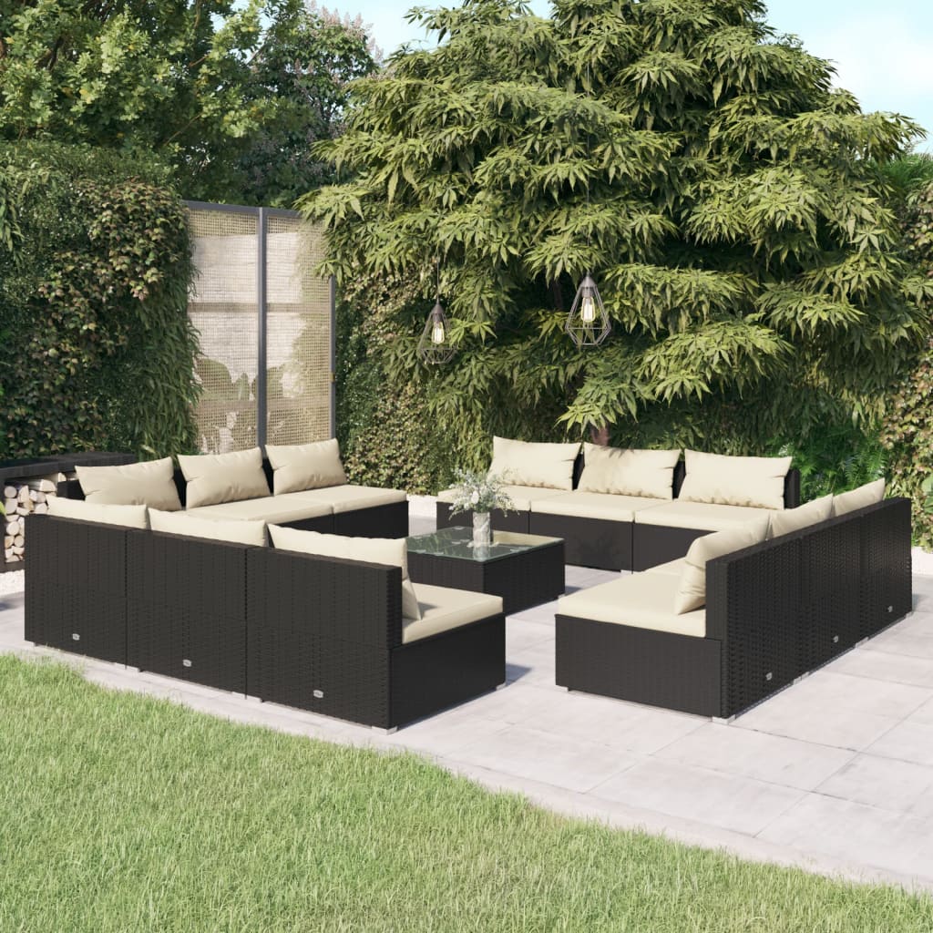 Vetonek Set muebles de jardín 13 pzas y cojines ratán sintético negro