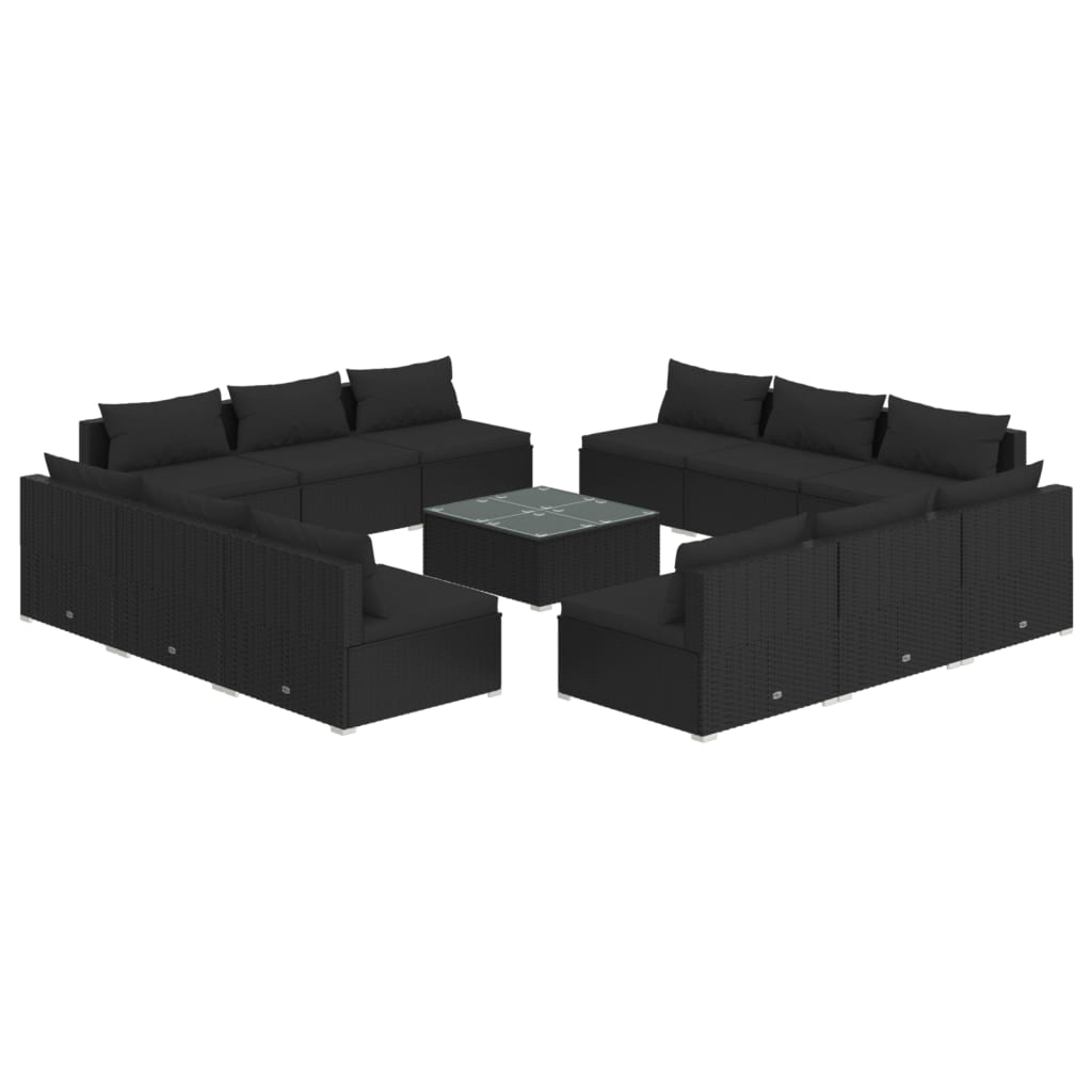 Set muebles de jardín 13 pzas y cojines ratán sintético negro