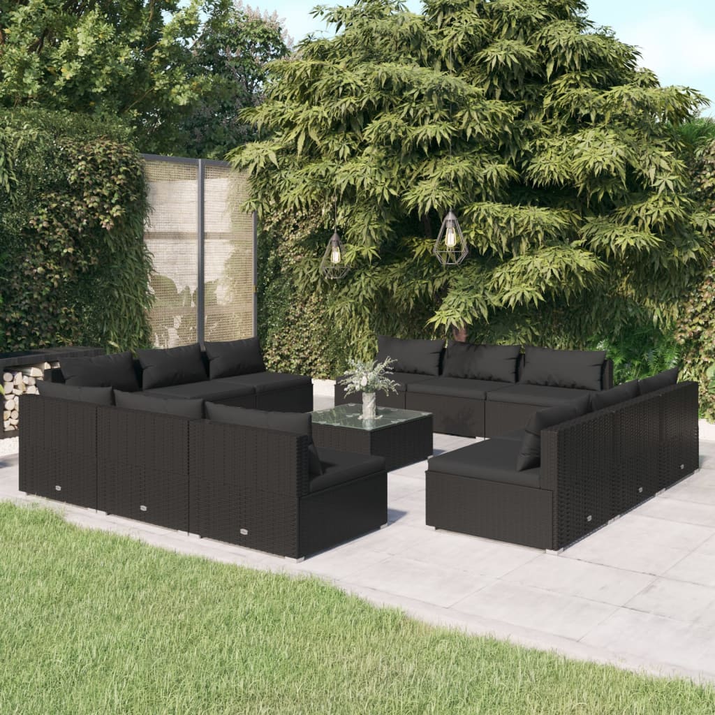 Vetonek Set muebles de jardín 13 pzas y cojines ratán sintético negro