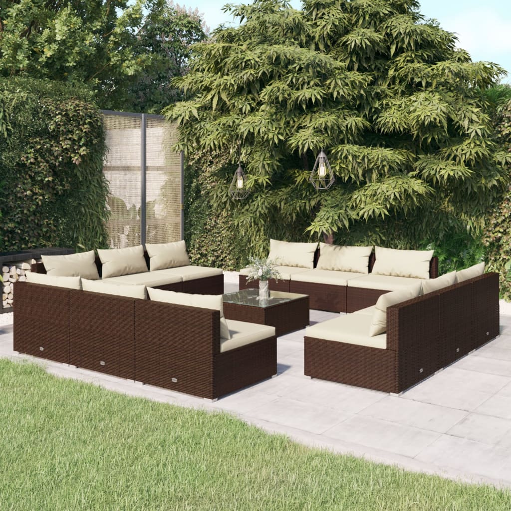 Vetonek Set muebles de jardín 13 pzas y cojines ratán sintético marrón