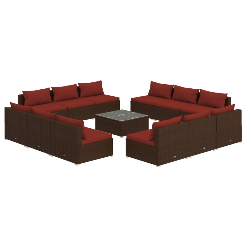 Set muebles de jardín 13 pzas y cojines ratán sintético marrón