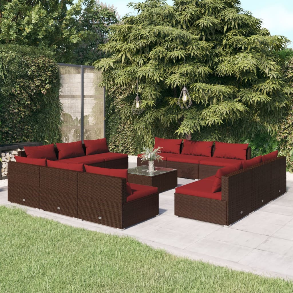 Set muebles de jardín 13 pzas y cojines ratán sintético marrón