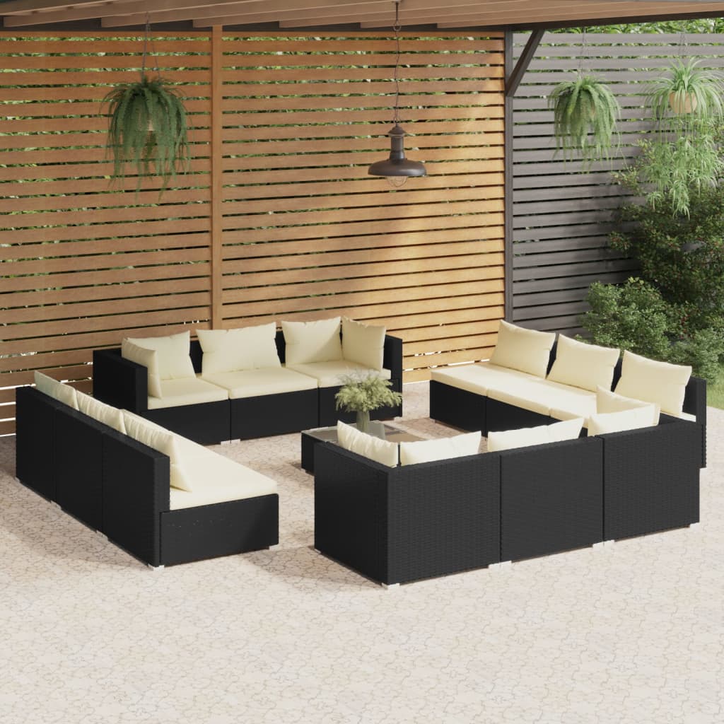 Vetonek Set muebles de jardín 13 pzas y cojines ratán sintético negro