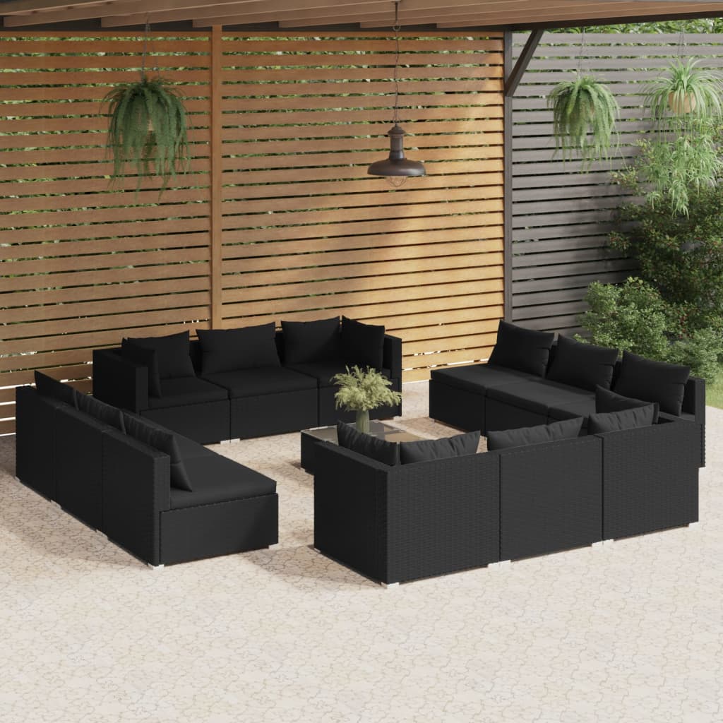 Vetonek Set muebles de jardín 13 pzas y cojines ratán sintético negro