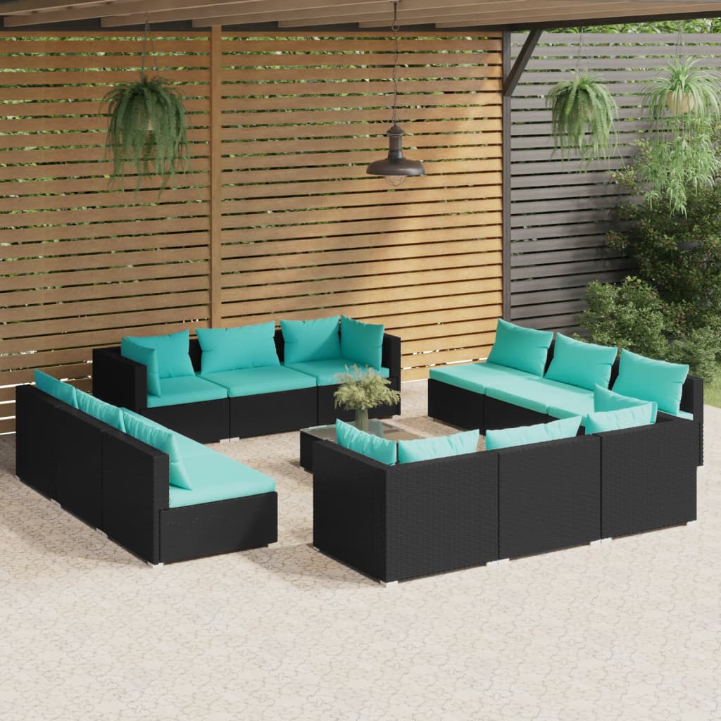 Vetonek Set muebles de jardín 13 pzas y cojines ratán sintético negro