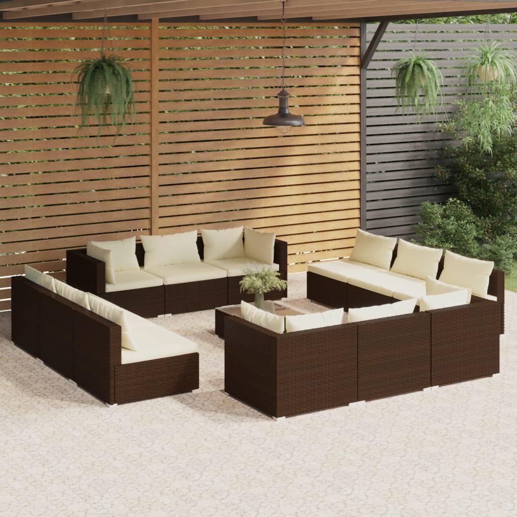 Vetonek Set muebles de jardín 13 pzas y cojines ratán sintético marrón