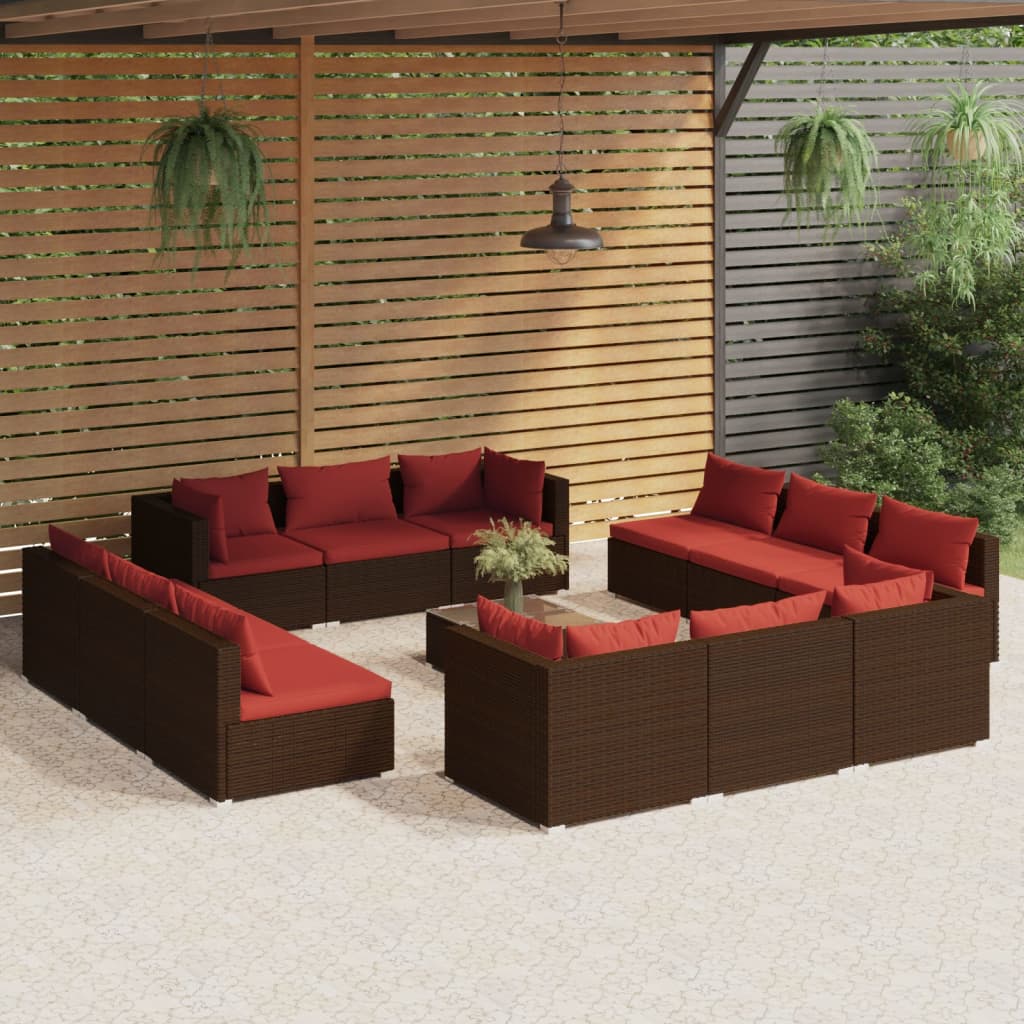 Vetonek Set muebles de jardín 13 pzas y cojines ratán sintético marrón