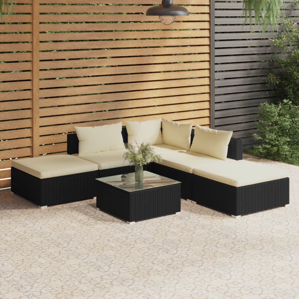 Vetonek Set de muebles de jardín 6 pzas y cojines ratán sintético negro