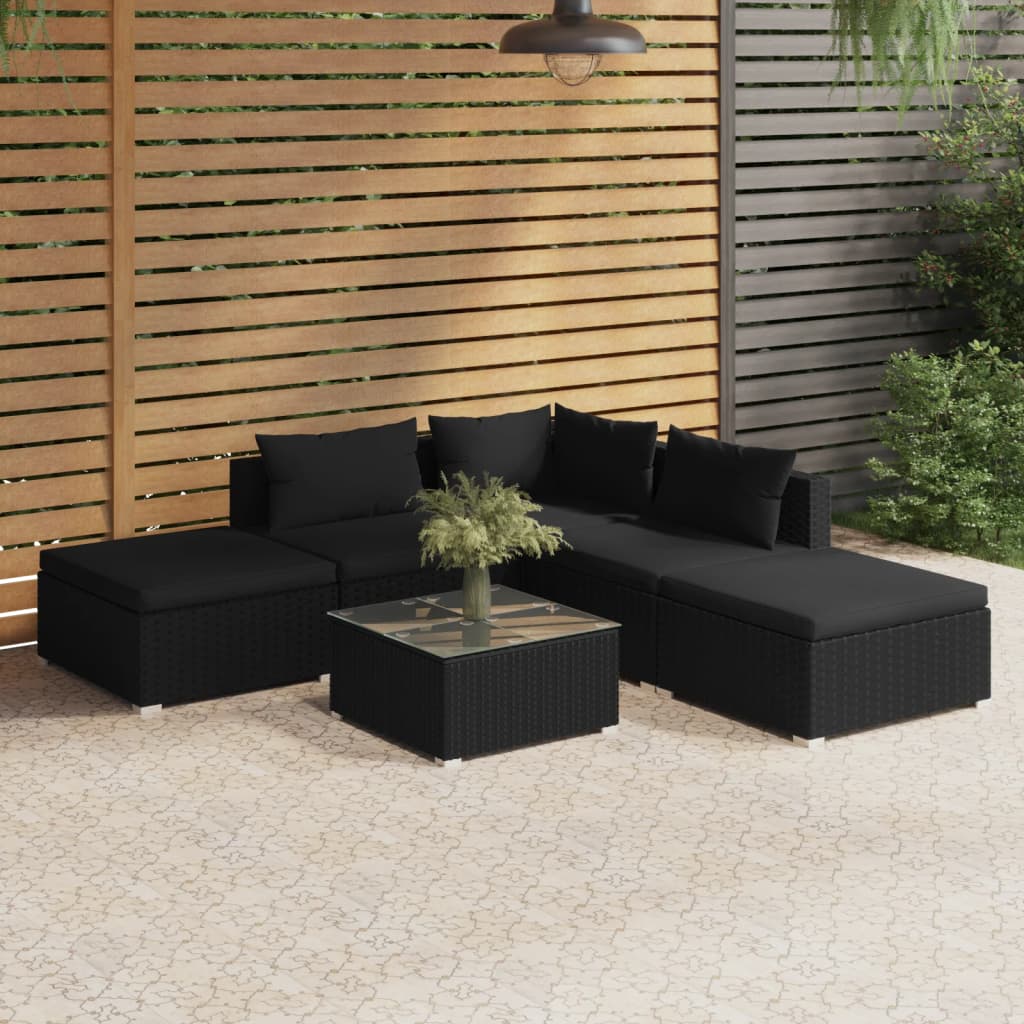 Vetonek Set de muebles de jardín 6 pzas y cojines ratán sintético negro