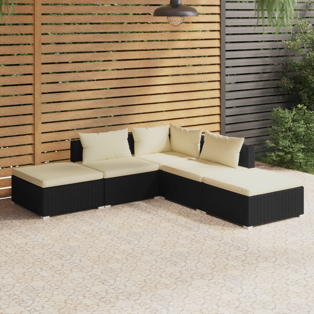 Vetonek Set de muebles de jardín 5 pzas y cojines ratán sintético negro