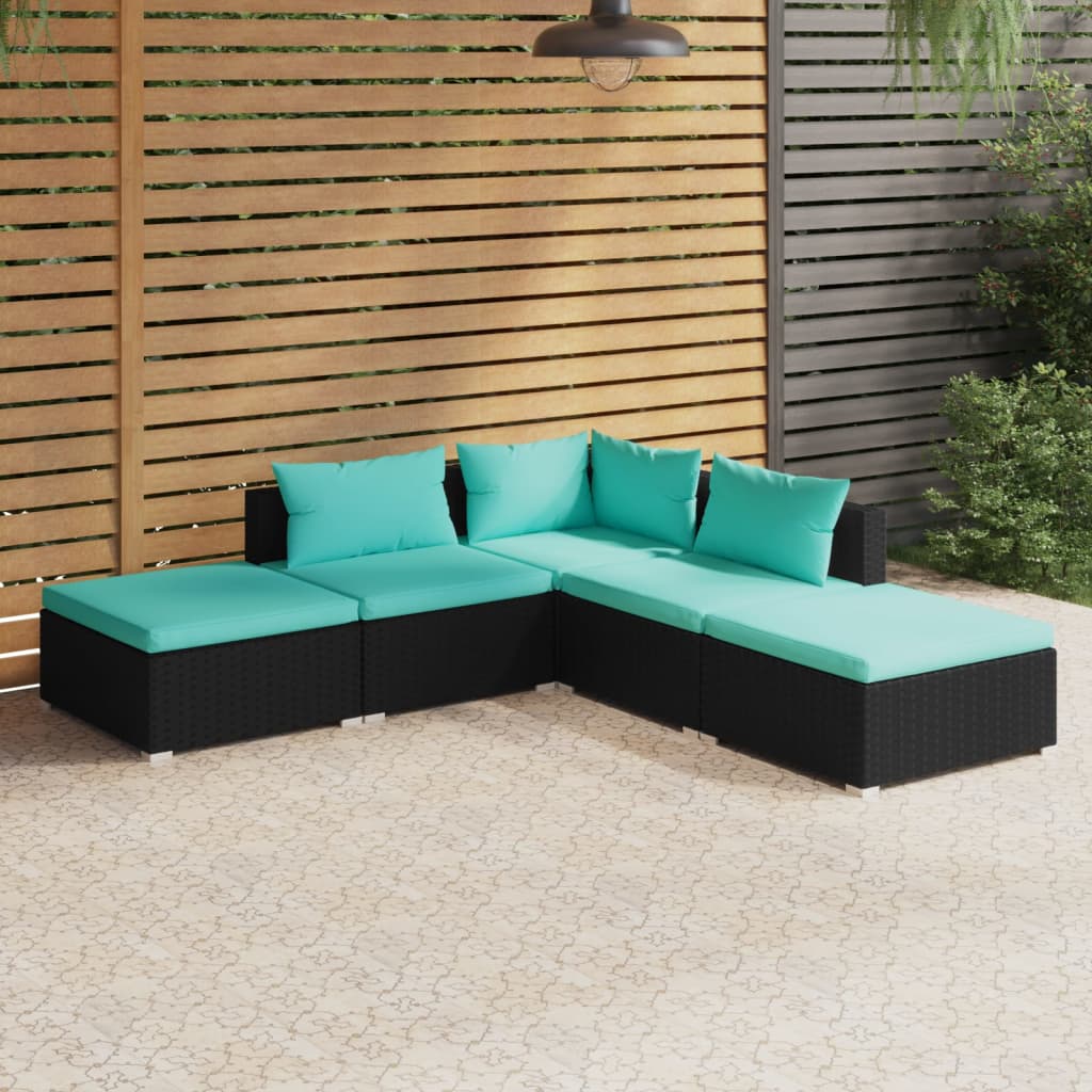 Vetonek Set de muebles de jardín 5 pzas y cojines ratán sintético negro