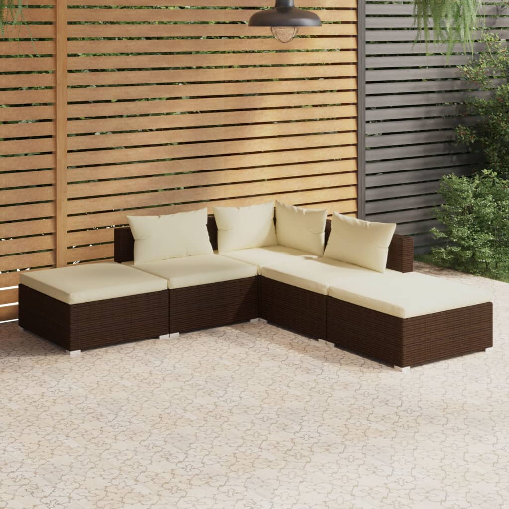 Vetonek Set muebles de jardín 5 piezas y cojines ratán sintético marrón