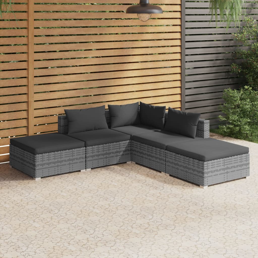 Vetonek Set de muebles de jardín 5 pzas y cojines ratán sintético gris