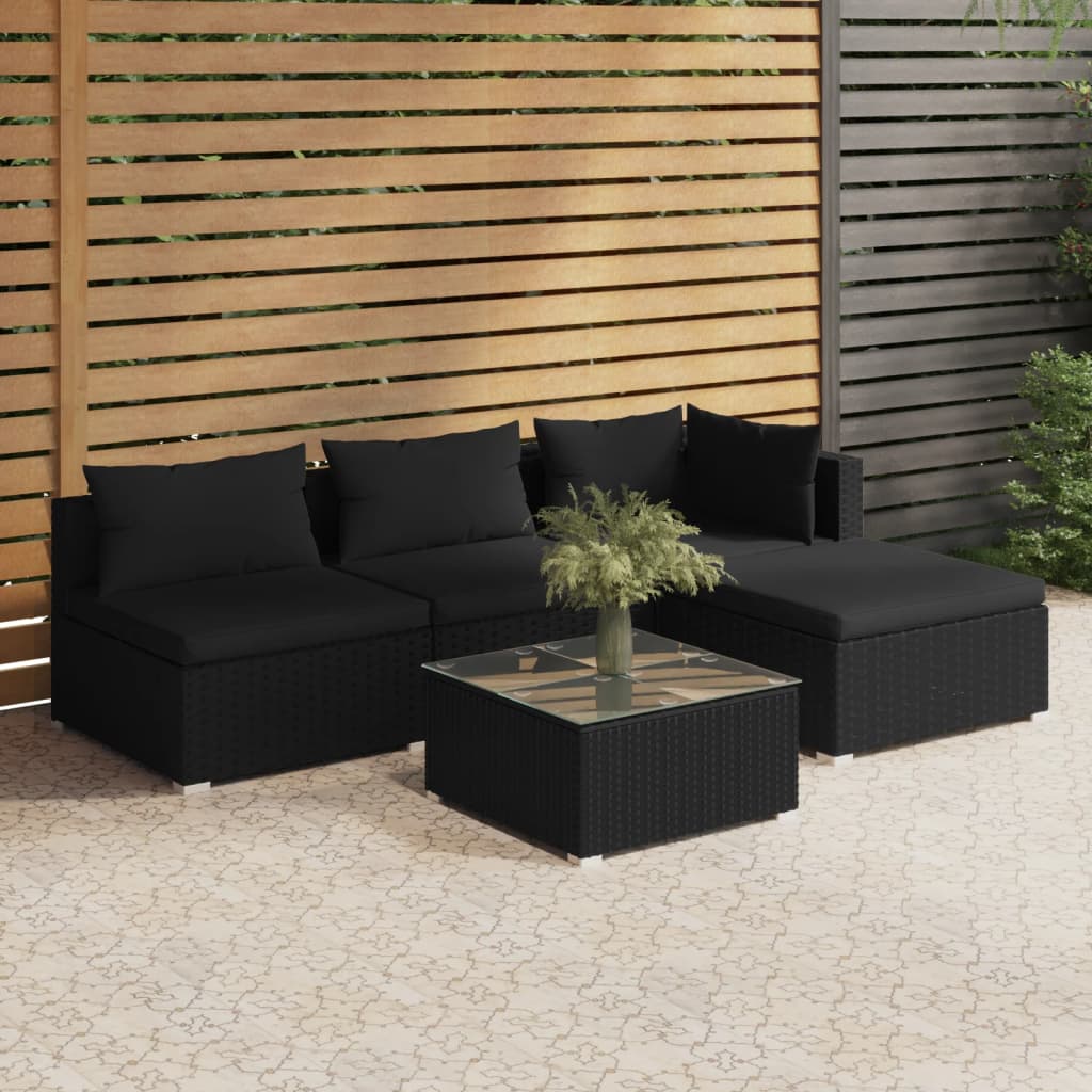 Vetonek Set de muebles de jardín 5 pzas y cojines ratán sintético negro