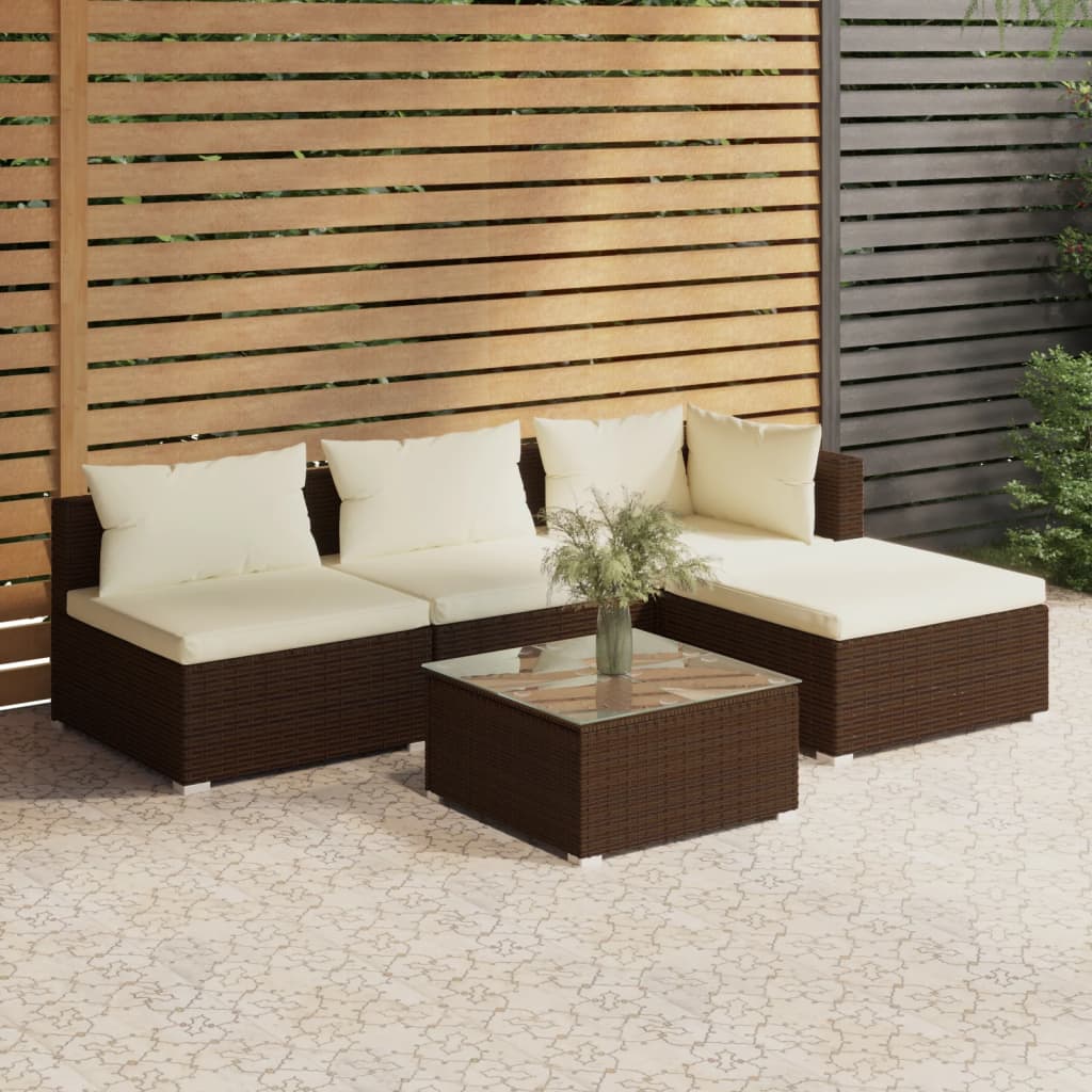 Vetonek Set muebles de jardín 5 piezas y cojines ratán sintético marrón